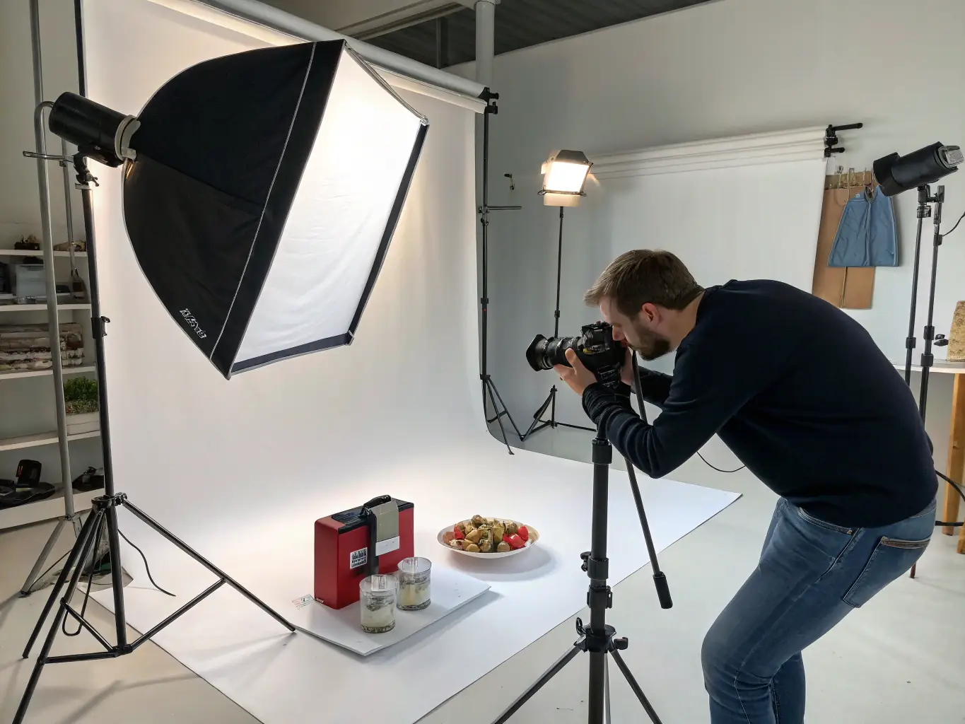 A photographer capturing a product shot in a studio, highlighting Novaluchs' photography expertise.