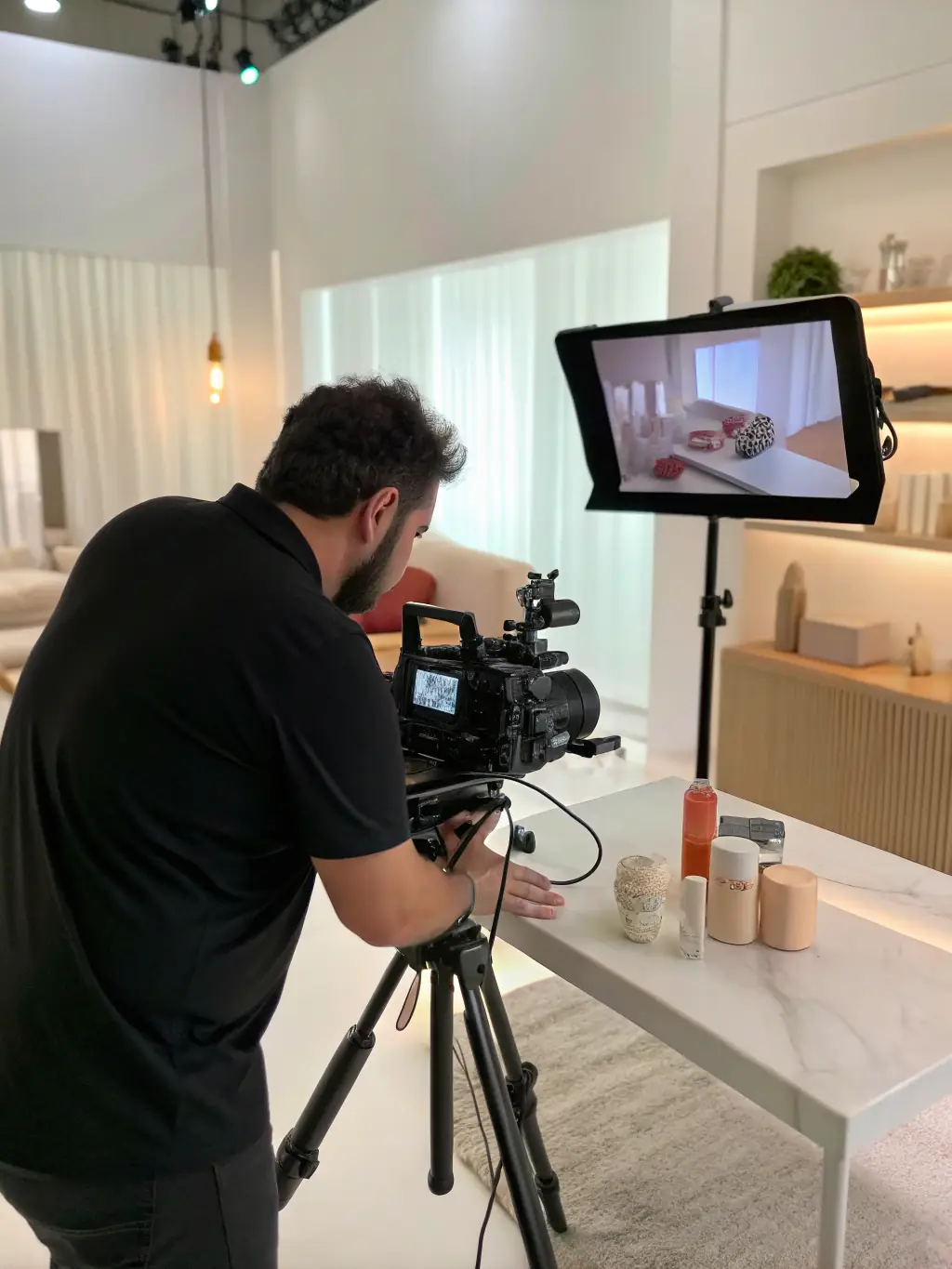 A professional videographer filming a corporate promotional video with high-end equipment, showcasing Novaluchs' expertise in video production.