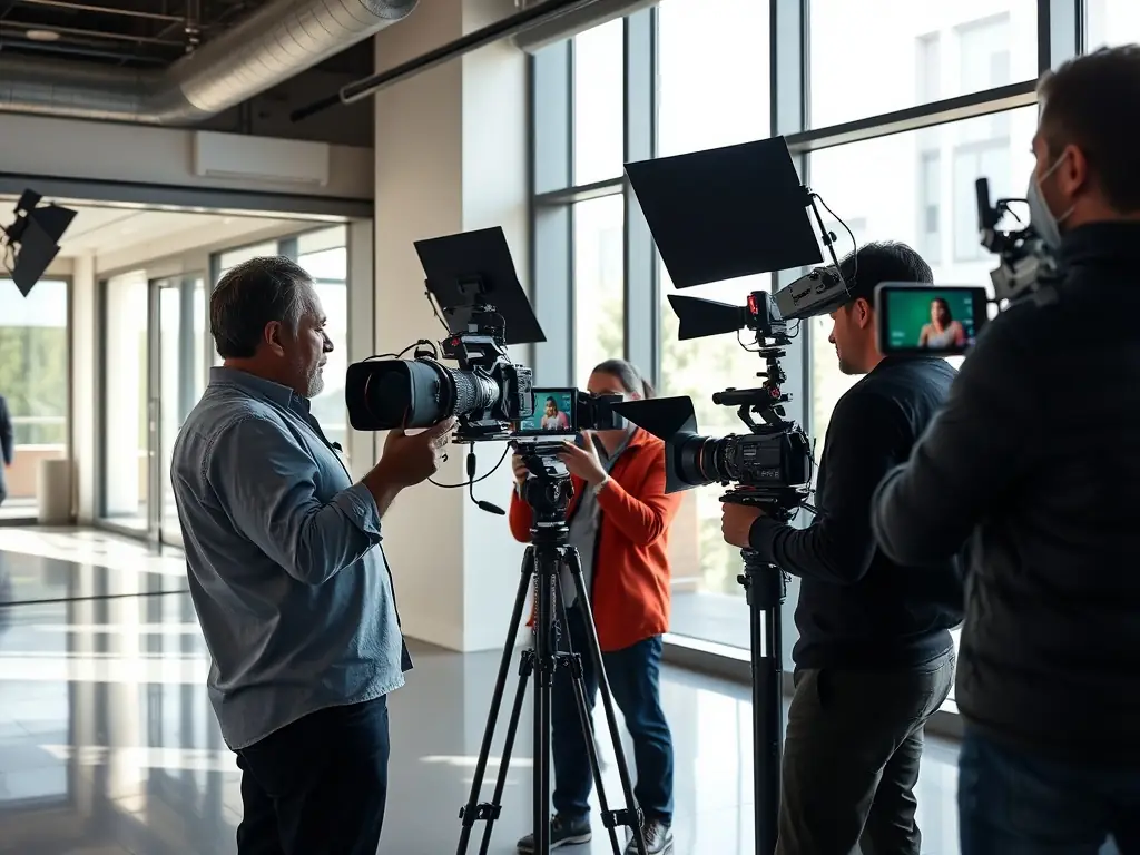 A professional videographer filming a corporate video in a modern office setting, showcasing Novaluchs' videography services.
